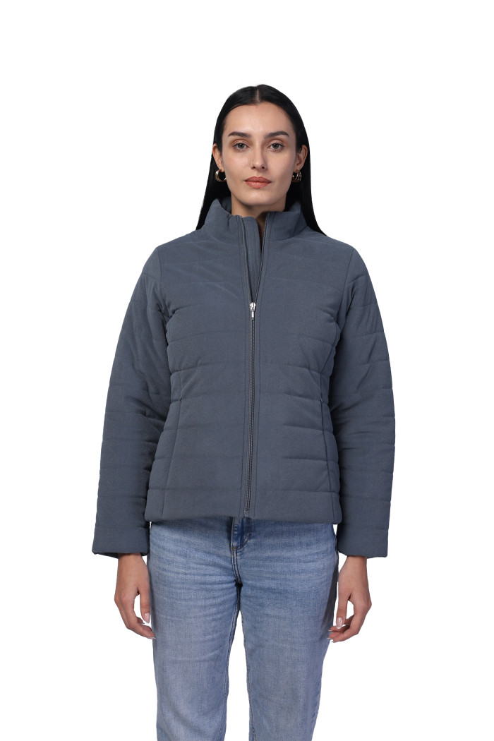 Women Quilted Jacket In Velvet Fabric With Concealed Zipper Pocket - Dusty Blue